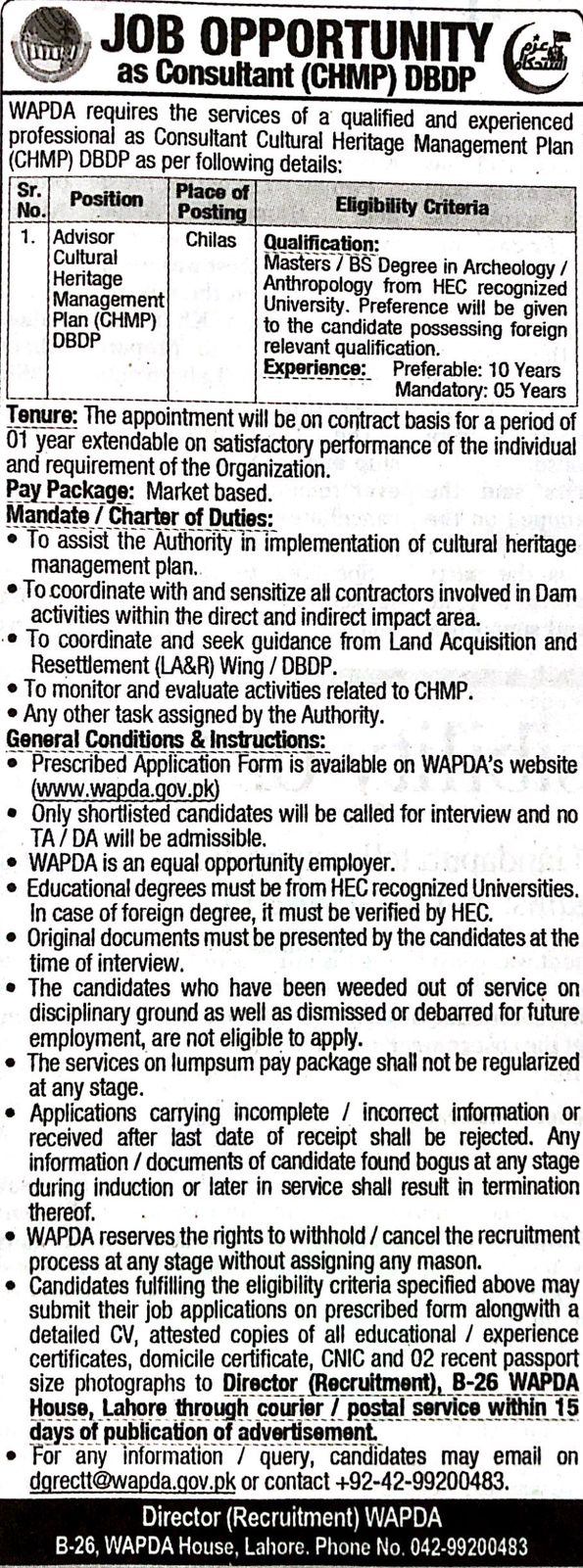 Advisor Cultural Heritage Management Plan