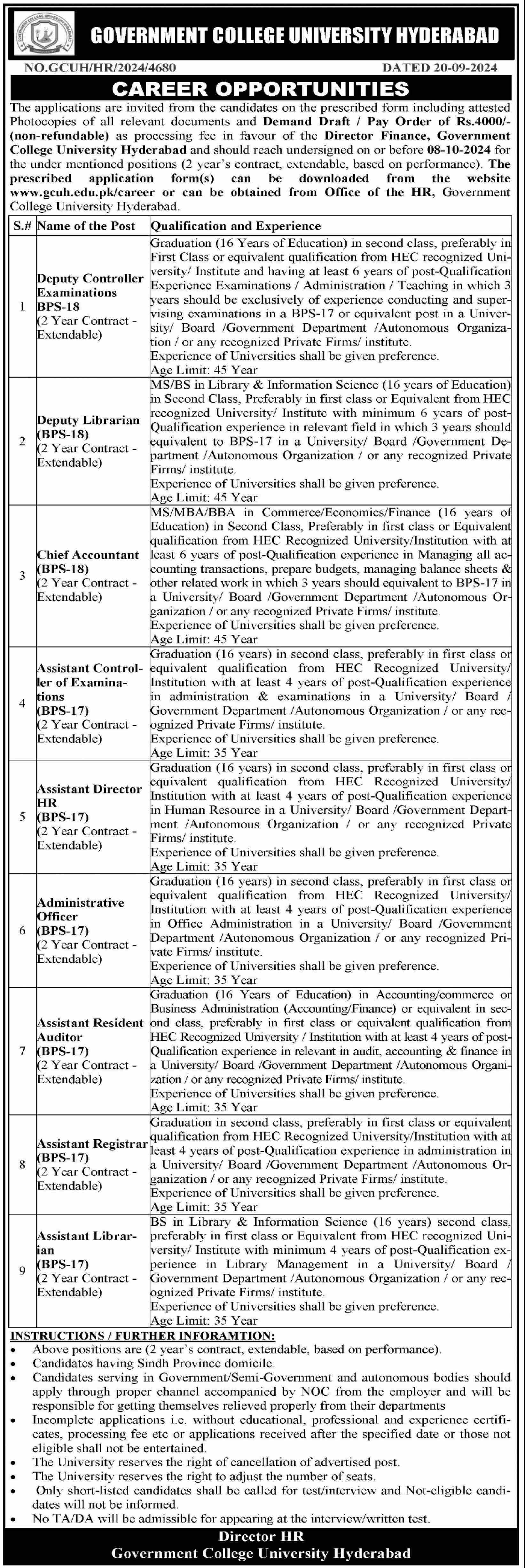 1.Deputy Controller Examinations(BPS-18) 2. Deputy Librarian(BPS-18) 3. Chief Accountant(BPS-18)