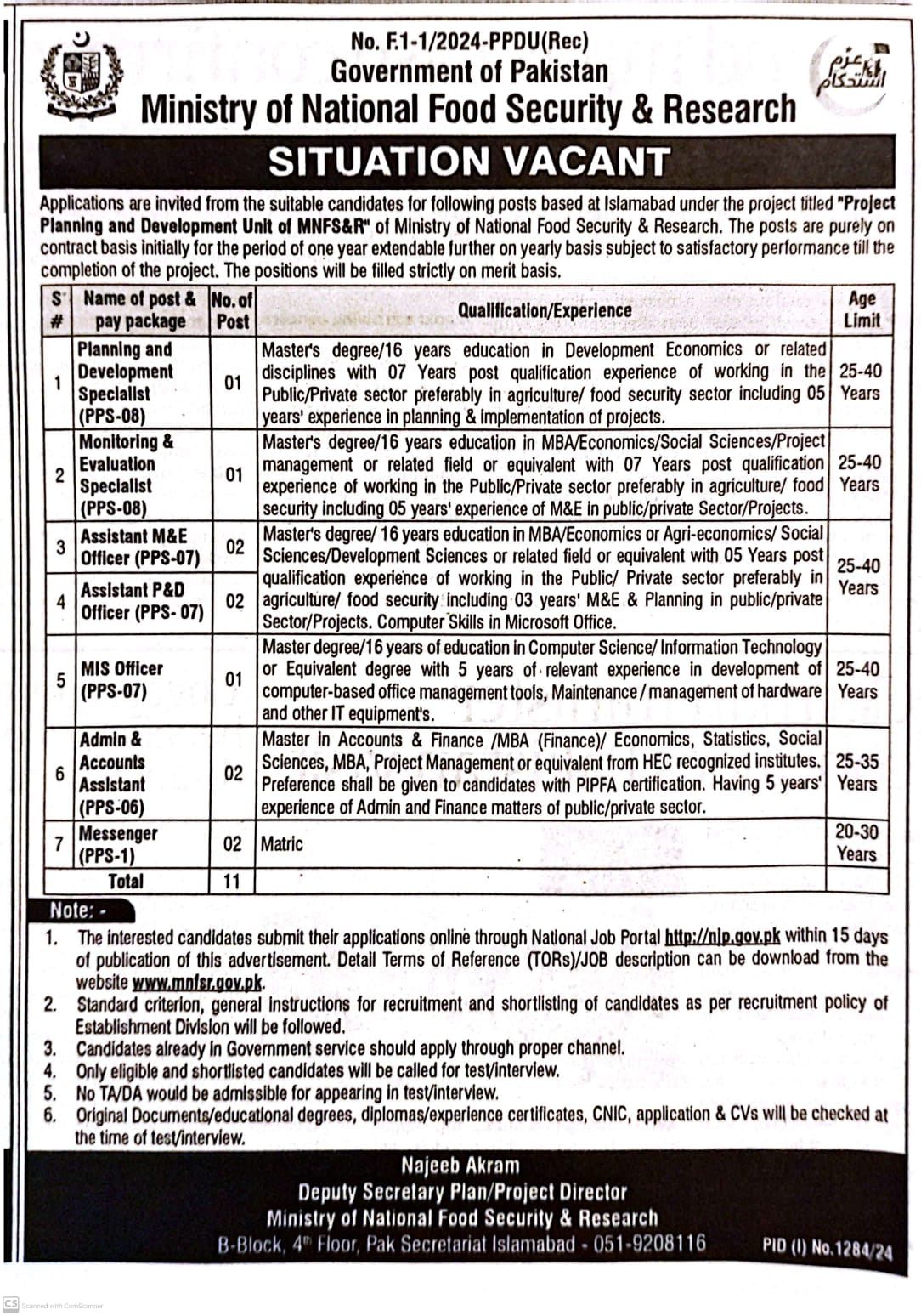 1. Planning and Development Specialist (PPS-08), 2. Monitoring & Evaluation Specialist (PPS-08), 3. Assistant M&E Officer (PPS-07), 4. Assistant P&D Officer (PPS-07), 5. MIS Offier (PPS-07), 6. Admin & Accounts Assistant (PPS-06), 7. Messenger (PPS-1)