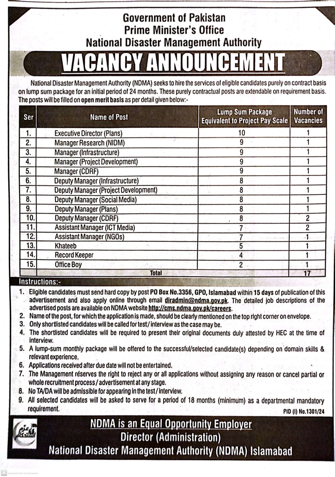 1. Executive Director (Plans), 2. Manager Research (NIDM), 3. Manager (Infrastructure), 4. Manager (Project Development), 5. Manager (CDRF), 6. Deputy Manager (Infrastructure), 7. Deputy Manager (Project Development), 8. Deputy Manager (Social Media), 9. 