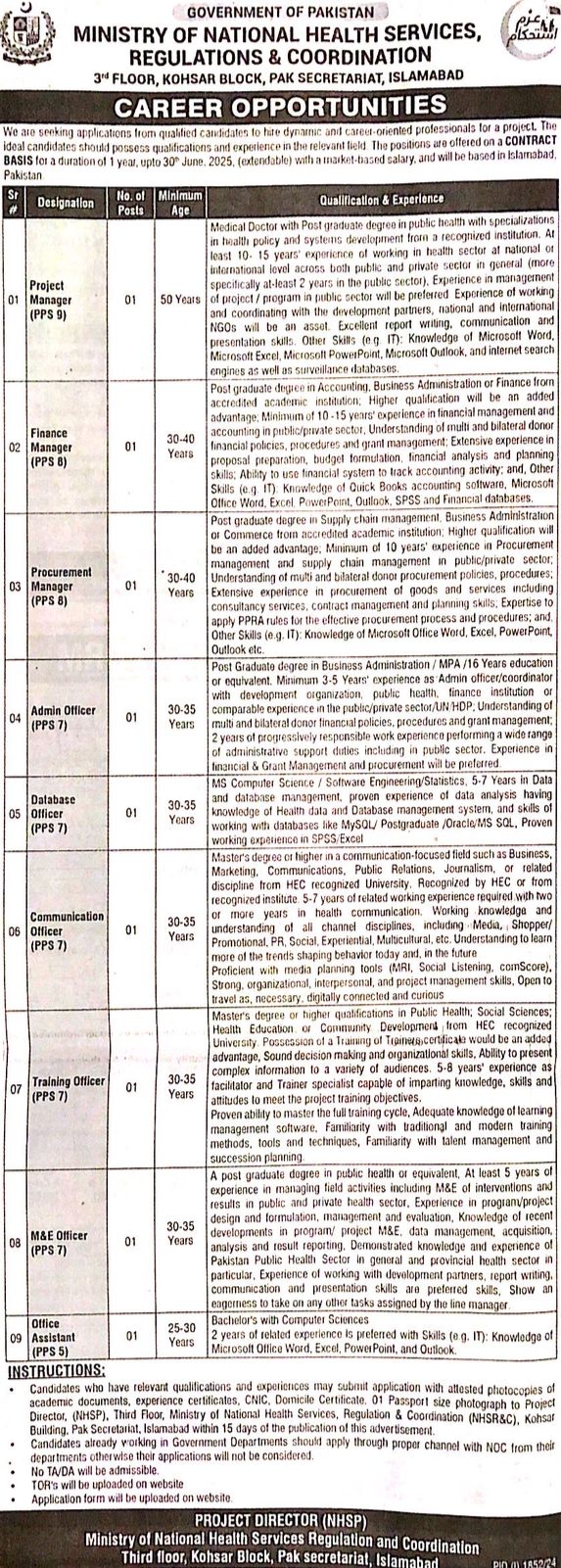 1. Project Manager 2. Finance Manager 3. Procurement Manager 4. Admin Officer 5. Database Officer 