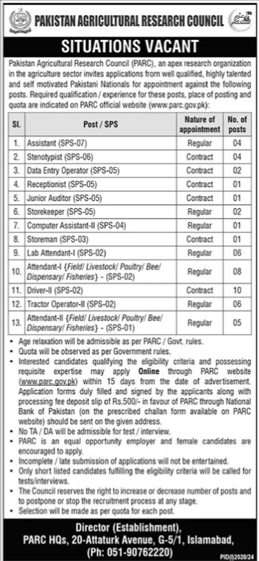 1. Assistant(SPS-07) 2. Stenotypist(SPS-06) 3. Data Entry Operator(SPS-05) 4. Receptionist(SPS-05) 5. Junior Auditor(SPS-05)