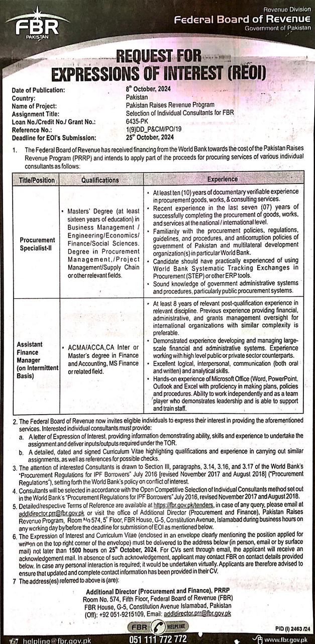 1. Procurement Specialist 2. Assistant Finance Manager 