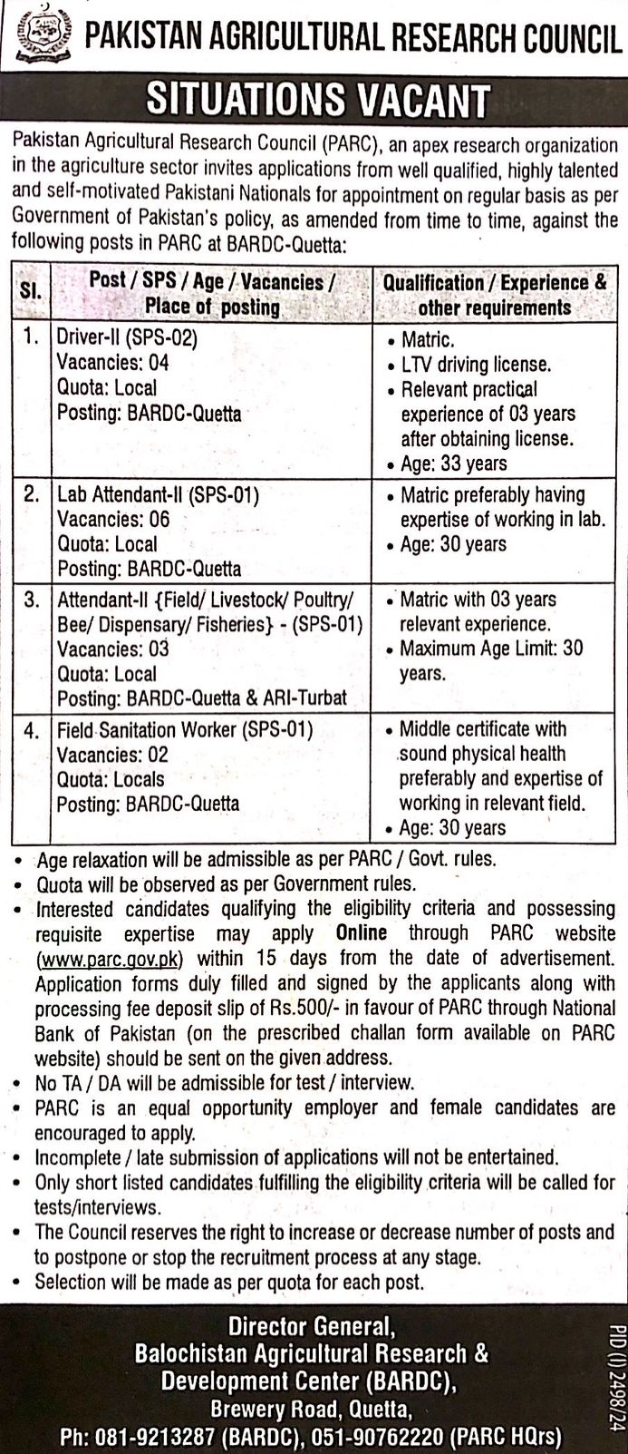 1. Driver 2. Lab Attendant 3. Attendant (Field/Livestock/Poultry/Bee/Dispensary/Fisheries) 4. Filed Sanitation Worker 