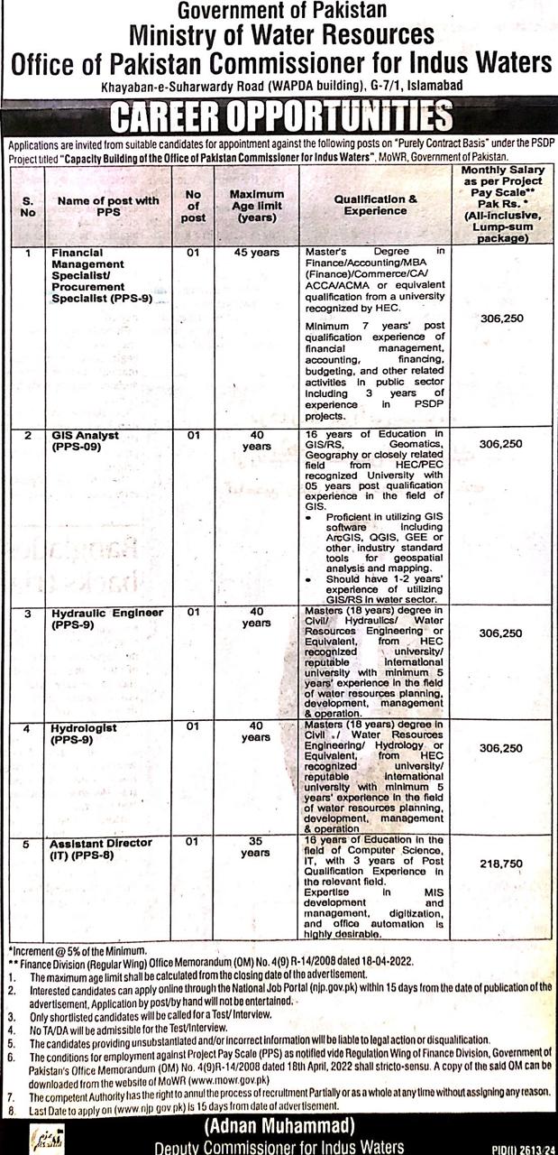 1. Financial Management/Specialist/Procurement Specialist2. GIS Analyst 3. Hydraulic Engineer 