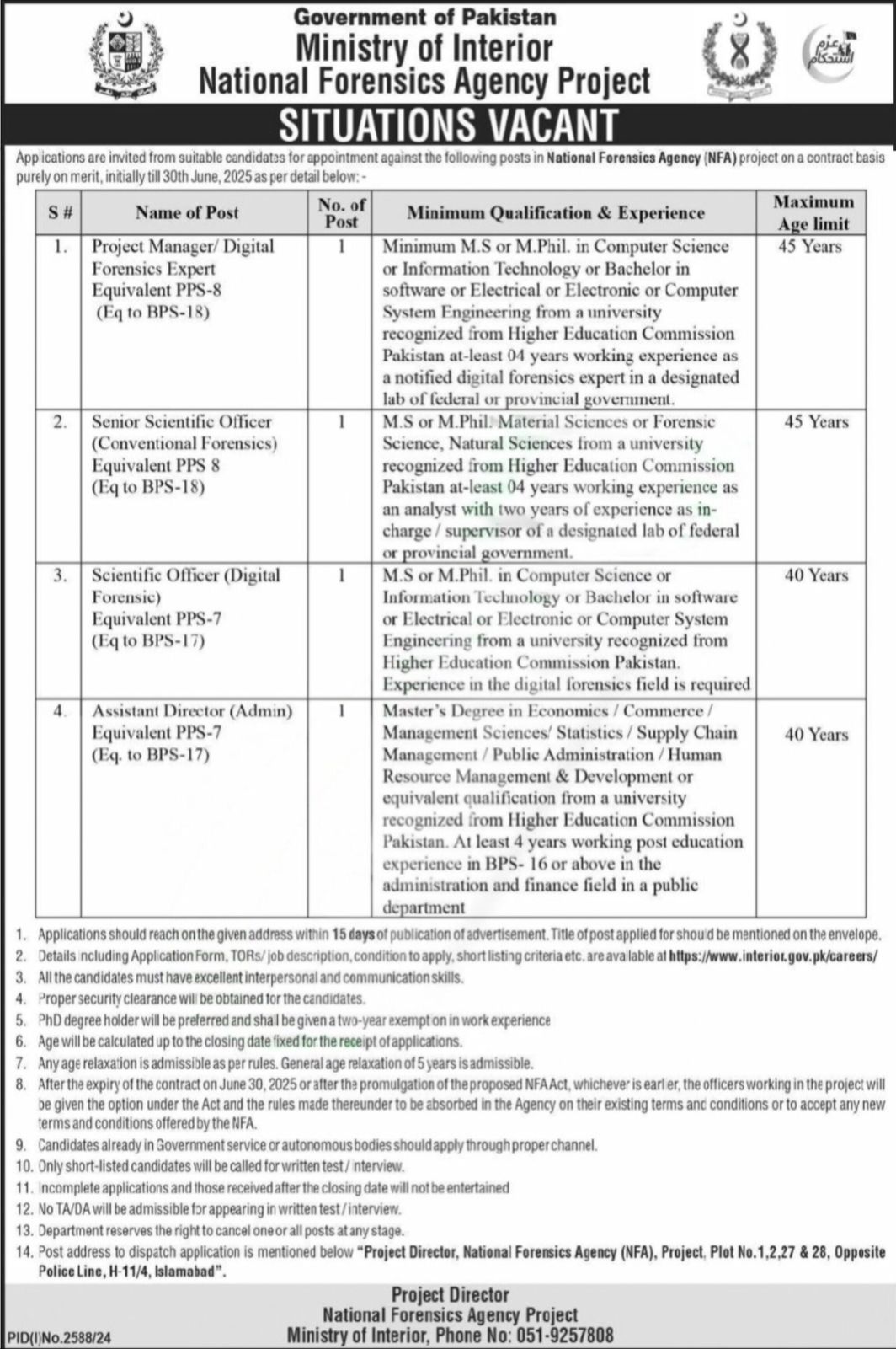 1. Project Manager 2. Senior Scientific Officer 3. Scientific Officer 4. Assistant Director 