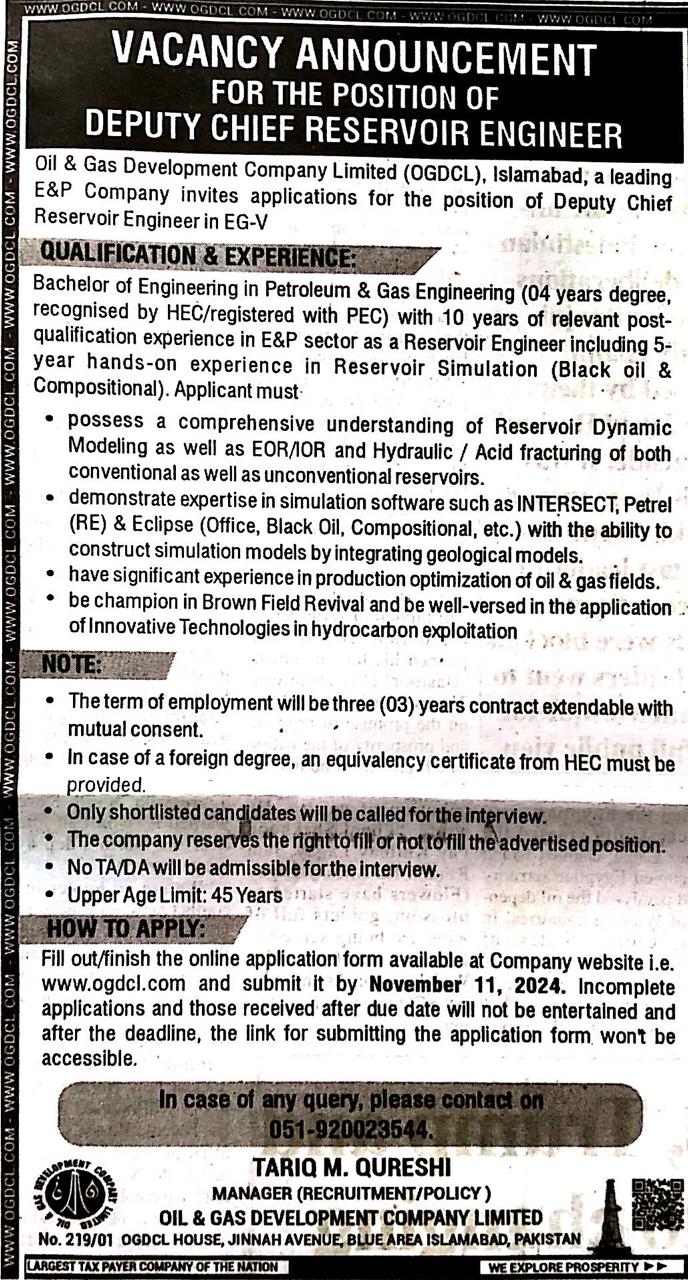 Deputy Chief Reservoir Engineer